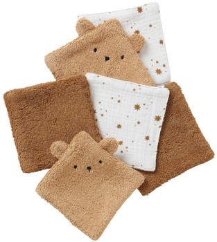 Vertbaudet 6er-Pack Waschlappen mit Aufbewahrungsbeutel Bär karamell