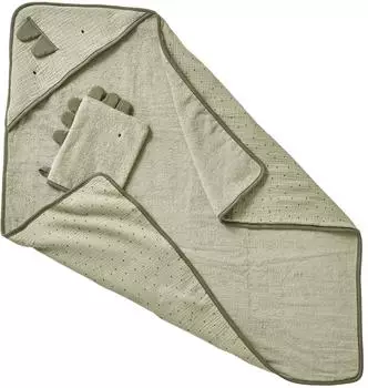 Vertbaudet Baby Kapuzenbadetuch & Waschhandschuh KLEINER DINO grün
