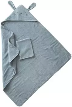 Vertbaudet Bio-Kollektion: Baby Kapuzenbadetuch & Waschhandschuh blau