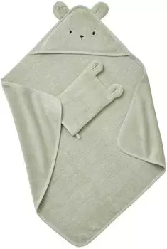 Vertbaudet Bio-Kollektion: Baby-Set aus Badetuch & Waschhandschuh salbeigrün/bär