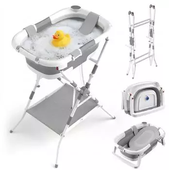 Relaxdays Babybadewanne faltbar mit Gestell, Kunststoff/Metall, grau/wei&szlig;