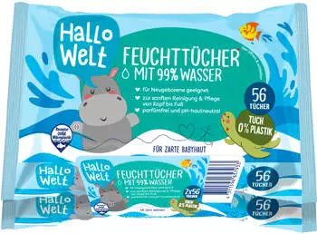 Hallo Welt Feuchttücher mit 99 % Wasser, 2er Pack