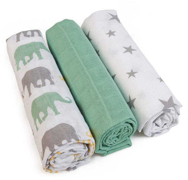 Grünspecht Mullwindeln (70 x 70 cm) 3er Pack grün, Sterne, Elefanten