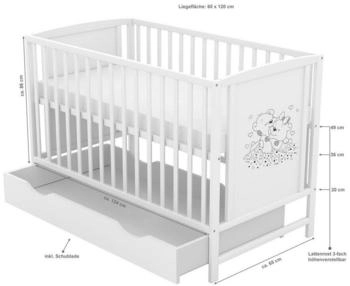 Baby-Delux Babybett Mia 120x60 Weiß Bärchen mit Schublade Komfort Matratze