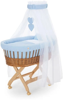 FabiMax Stubenwagen natur - Blau / Decke und Kissen