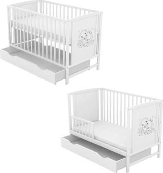 Baby-Delux Babybett Mia Schutzgitter 2in1 weiß 60x120 Bärchen mit Schublade, Sicherheitsbarriere, Matratze