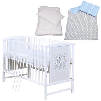 Baby-Delux Babybett Mia weiß 120x60 Bettset 4-Tlg. Matratze verschiedene Designs Sterne Blau Grau