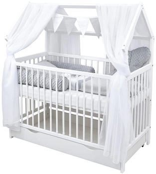 Baby-Delux Komplettbett Hausbett weiß 60x120 Beißschienen Schublade Schutzgitter Matratze Bett Set Loving Bears