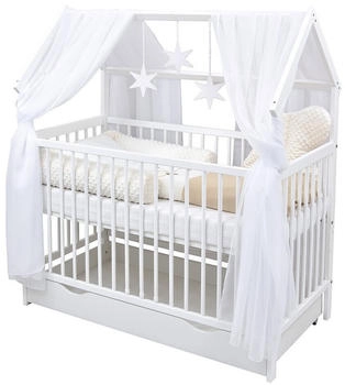 Baby-Delux Komplettbett Hausbett weiß 60x120 Beißschienen Schublade Schutzgitter Matratze Bett Set Traumland Beige
