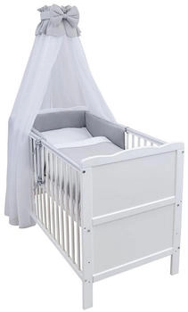 Baby-Delux Babybett Jack Umbaubar 140x70 Weiß Beißschienen Bettset Komplett Waffelpique Musselin Grau