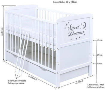 Baby-Delux Babybett Sweet Dreams 140x70 weiß inkl. Beißschienen Schublade, höhenverstellbar