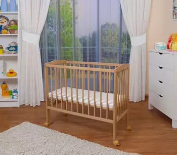 Waldin 2in1 Beistellbett mit Matratze, Stoffset Buche massiv, verstellbar, Sterne-grau/blau, Natur unbehandelt