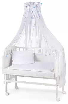 Waldin 2in1 Beistellbett mit Matratze, Stoffset Buche massiv, verstellbar, Sterne-grau/blau, Weiß lackiert