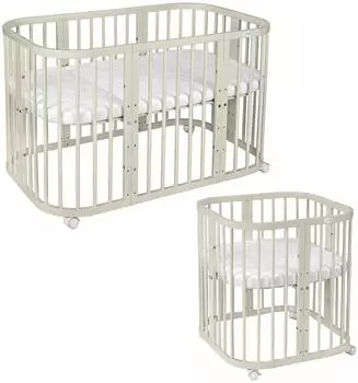 Waldin Mobiles Babybett aus Holz 7in1 mit Matratze, mitwachsend, Holz olive