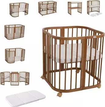 Waldin Mobiles Babybett aus Holz 7in1 mit Matratze, mitwachsend, Holz vintage