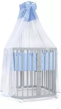 Waldin Mobiles Babybett aus Holz 7in1 mit Matratze, mitwachsend, Stoffe blau, Holz grau