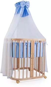 Waldin Mobiles Babybett aus Holz 7in1 mit Matratze, mitwachsend, Stoffe blau, Holz natur