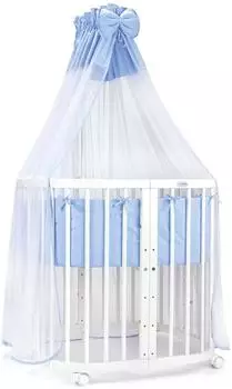 Waldin Mobiles Babybett aus Holz 7in1 mit Matratze, mitwachsend, Stoffe blau, Holz weiß