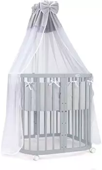 Waldin Mobiles Babybett aus Holz 7in1 mit Matratze, mitwachsend, Stoffe grau, Holz grau