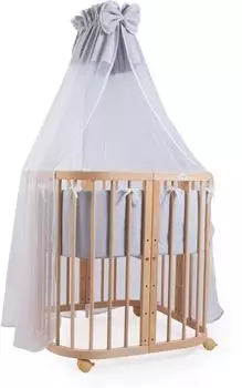 Waldin Mobiles Babybett aus Holz 7in1 mit Matratze, mitwachsend, Stoffe grau, Holz natur