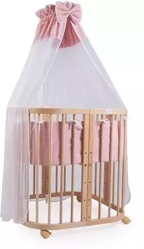Waldin Mobiles Babybett aus Holz 7in1 mit Matratze, mitwachsend, Stoffe lachs, Holz natur