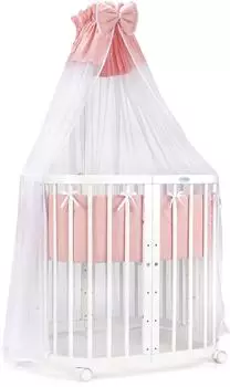 Waldin Mobiles Babybett aus Holz 7in1 mit Matratze, mitwachsend, Stoffe lachs, Holz weiß