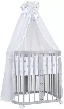 Waldin Mobiles Babybett aus Holz 7in1 mit Matratze, mitwachsend, Stoffe Sterne blau, Holz grau