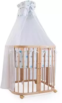Waldin Mobiles Babybett aus Holz 7in1 mit Matratze, mitwachsend, Stoffe Sterne blau, Holz natur