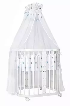 Waldin Mobiles Babybett aus Holz 7in1 mit Matratze, mitwachsend, Stoffe Sterne blau, Holz weiß