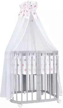 Waldin Mobiles Babybett aus Holz 7in1 mit Matratze, mitwachsend, Stoffe Sterne pink, Holz grau