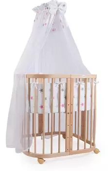 Waldin Mobiles Babybett aus Holz 7in1 mit Matratze, mitwachsend, Stoffe Sterne pink, Holz natur