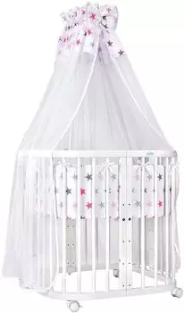 Waldin Mobiles Babybett aus Holz 7in1 mit Matratze, mitwachsend, Stoffe Sterne pink, Holz weiß