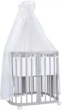 Waldin Mobiles Babybett aus Holz 7in1 mit Matratze, mitwachsend, Stoffe weiss, Holz grau