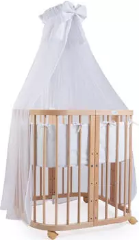 Waldin Mobiles Babybett aus Holz 7in1 mit Matratze, mitwachsend, Stoffe weiss, Holz natur