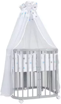 Waldin Mobiles Babybett aus Holz 7in1 mit Matratze, mitwachsend, Stoffe weiss, Holz weiß