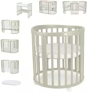 Waldin Mobiles Babybett Owales aus Holz 7in1 mit Matratze, mitwachsend, Holz olive