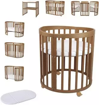 Waldin Mobiles Babybett Owales aus Holz 7in1 mit Matratze, mitwachsend, Holz vintage