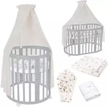 Waldin Mobiles Babybett Owales aus Holz 7in1 mit Matratze, mitwachsend, Stoffe Champagner Löwenzahn, Holz grau