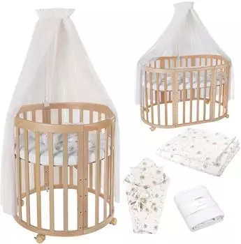 Waldin Mobiles Babybett Owales aus Holz 7in1 mit Matratze, mitwachsend, Stoffe Champagner Löwenzahn, Holz natur