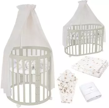 Waldin Mobiles Babybett Owales aus Holz 7in1 mit Matratze, mitwachsend, Stoffe Champagner Löwenzahn, Holz olive