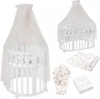 Waldin Mobiles Babybett Owales aus Holz 7in1 mit Matratze, mitwachsend, Stoffe Champagner Löwenzahn, Holz weiß