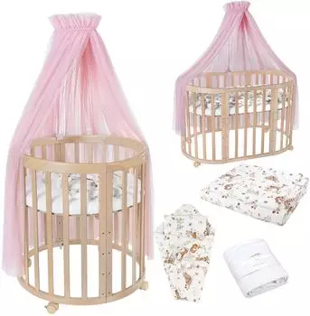Waldin Mobiles Babybett Owales aus Holz 7in1 mit Matratze, mitwachsend, Stoffe Rosa Tiere, Holz natur