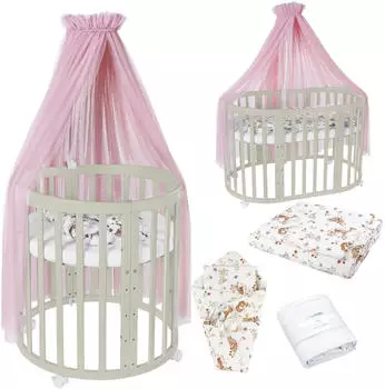 Waldin Mobiles Babybett Owales aus Holz 7in1 mit Matratze, mitwachsend, Stoffe Rosa Tiere, Holz olive