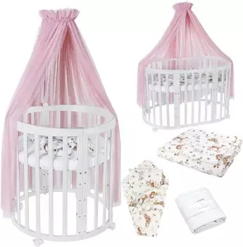 Waldin Mobiles Babybett Owales aus Holz 7in1 mit Matratze, mitwachsend, Stoffe Rosa Tiere, Holz weiß