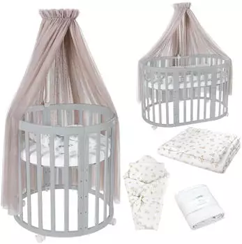 Waldin Mobiles Babybett Owales aus Holz 7in1 mit Matratze, mitwachsend, Stoffe Taupe Zweige, Holz grau