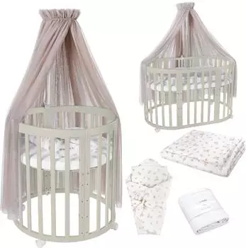 Waldin Mobiles Babybett Owales aus Holz 7in1 mit Matratze, mitwachsend, Stoffe Taupe Zweige, Holz olive