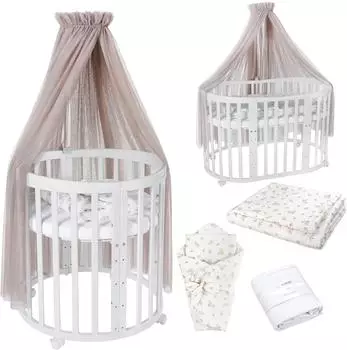 Waldin Mobiles Babybett Owales aus Holz 7in1 mit Matratze, mitwachsend, Stoffe Taupe Zweige, Holz weiß
