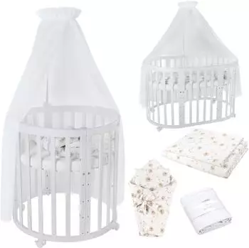 Waldin Mobiles Babybett Owales aus Holz 7in1 mit Matratze, mitwachsend, Stoffe Wei&szlig; L&ouml;wenzahn, Holz wei&szlig;