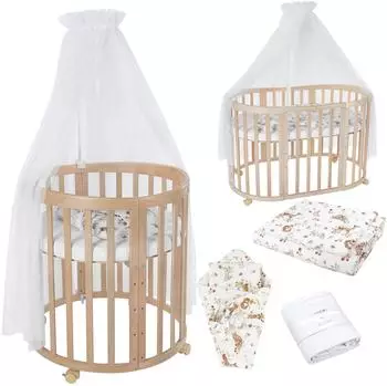 Waldin Mobiles Babybett Owales aus Holz 7in1 mit Matratze, mitwachsend, Stoffe Weiß Tiere, Holz natur