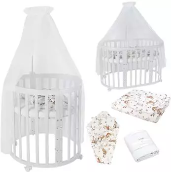 Waldin Mobiles Babybett Owales aus Holz 7in1 mit Matratze, mitwachsend, Stoffe Weiß Tiere, Holz weiß
